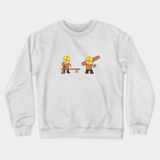 Kids drawing of carpenter sawing a log and the other carrying a wood board Crewneck Sweatshirt by wordspotrayal